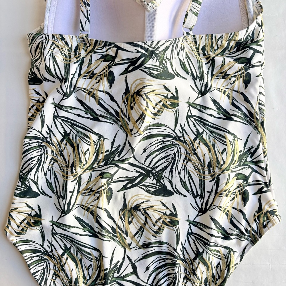 Niptuck Swimsuit One Piece Green Gold Tropical Leaf Padded Ruched Lined Size 10 - Picture 6 of 16